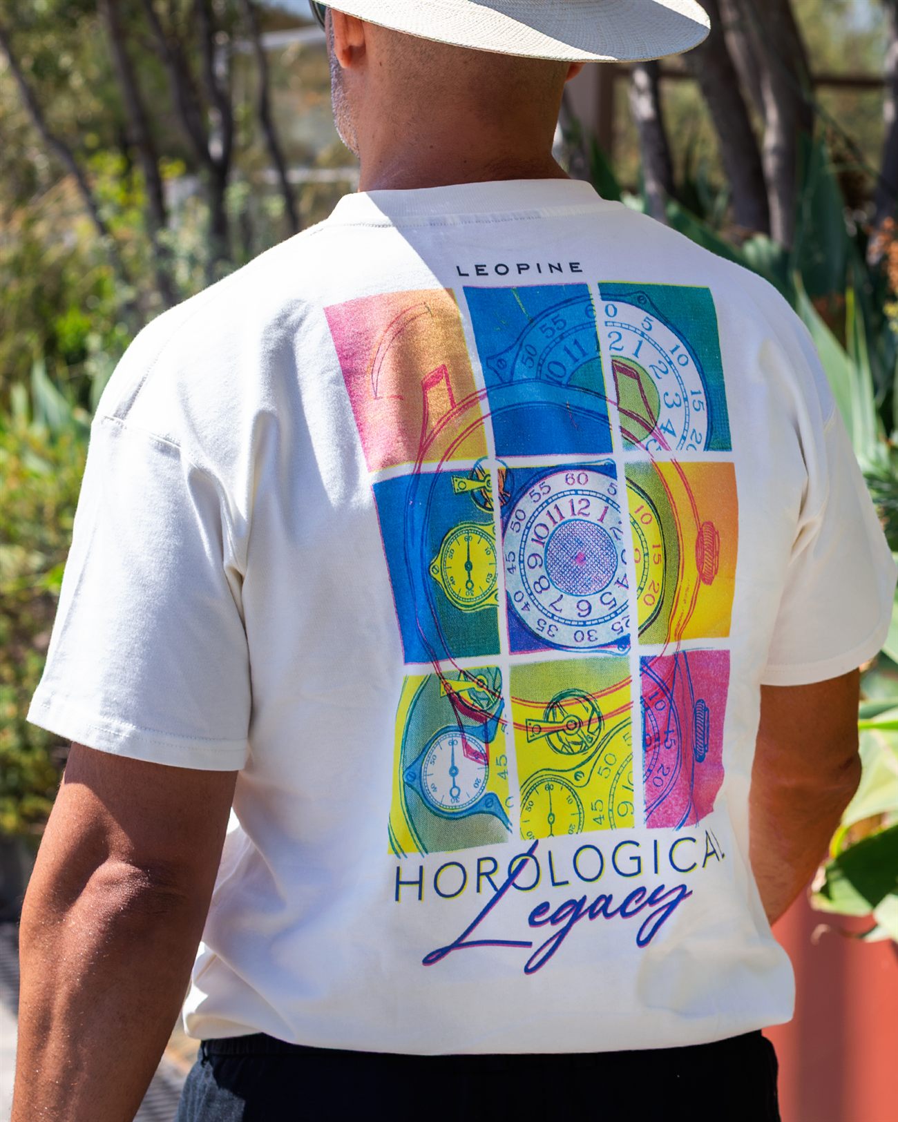 Leopine Horological Legacy tee, a grid of watch dials printed on white cotton